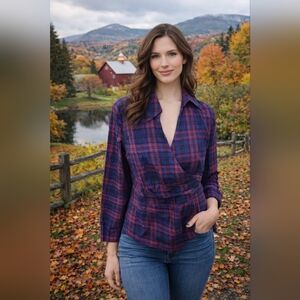 Talbots Silk Blend Plaid Faux Wrap Blouse Size 12 Career Casual Tartan Lux